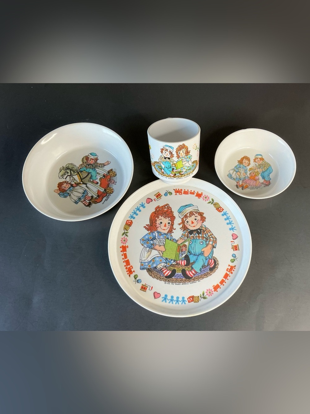 Vintage Oneida 1969 Raggedy Ann & Andy ~ 4 Piece Melamine Youth Dish Set